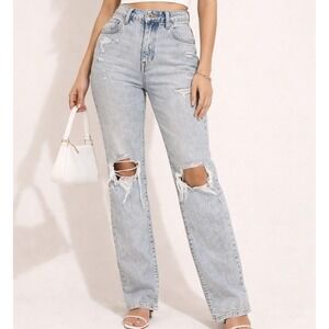 Eunina Distressed Denim Jeans Women's Size 13/31W Light Blue Straight Leg